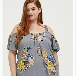 STONE GREY FLORAL CRINKLED GAUZE COLD SHOULDER BLOUSE